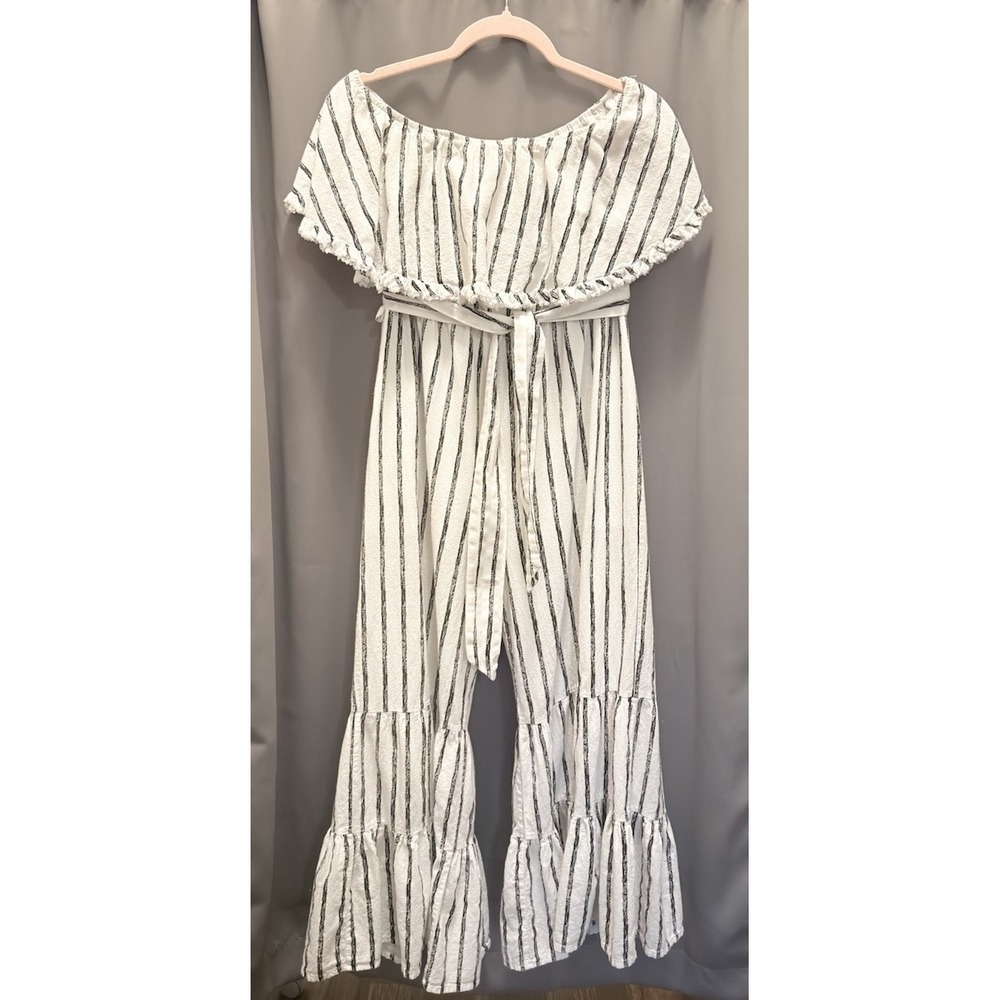 Umgee White & Black Striped Strapless Ruffle Wide Leg Jumpsuit Women's Sz L